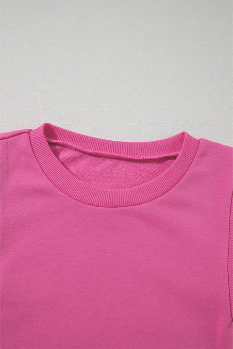 Bright Pink Textured Patchwork Round Neck Sweatshirt