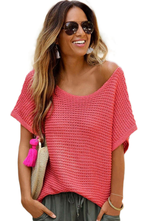 Red Clay Solid Loose Knit Short Dolman Sleeve Sweater