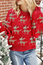 Racing Red Christmas Reindeer Pattern Drop Shoulder Sweater