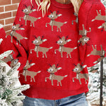 Racing Red Christmas Reindeer Pattern Drop Shoulder Sweater