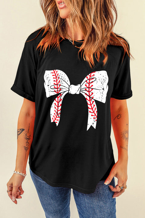 Black Baseball Bowknot Graphic Casual Tee