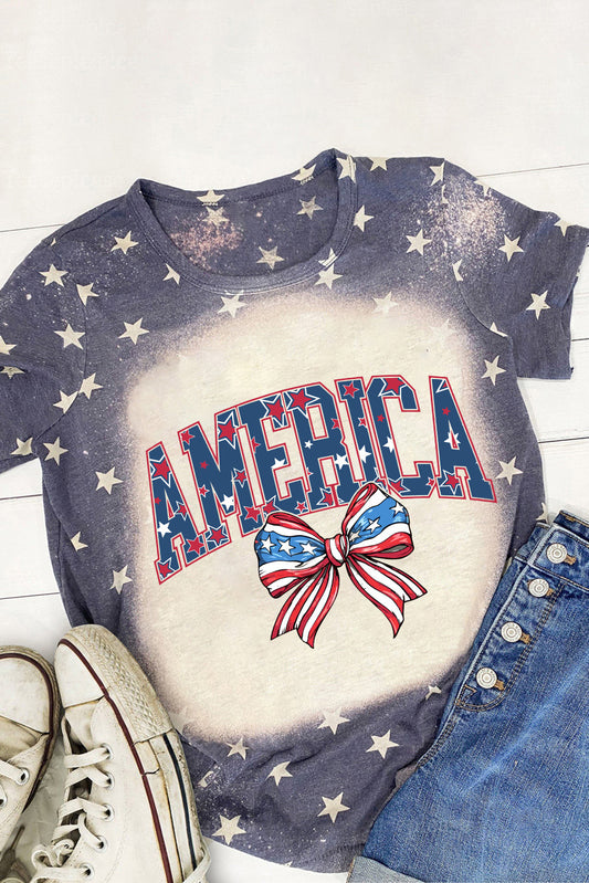 Blue Starry Bleached AMERICA Bowknot Graphic T Shirt