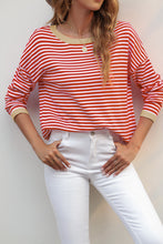 Fiery Red Contrast Trimmed Striped Drop Shoulder Sweater