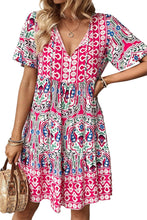 Pink Bohemian Print Tie Neck Ruffle Hem Short Dress