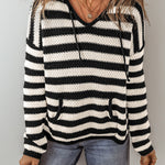 White Stripe V Neck Pocketed Drawstring Hooded Sweater