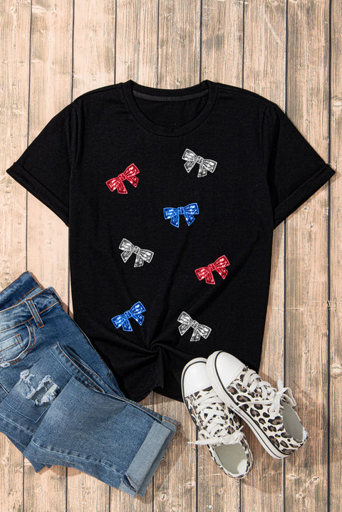 Black Independent Day Sequin Bow Graphic T Shirt