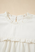 White Solid Color Ruffle Trim Waffle Knit Blouse