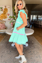 Mint Green Ric Rac Colorblock Flutter Sleeve V Neck Tiered Dress