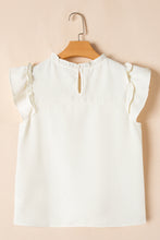 White Solid Color Ruffle Trim Waffle Knit Blouse