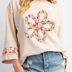 Beige Flower Patch Graphic Exposed Seam Wide Sleeve Top