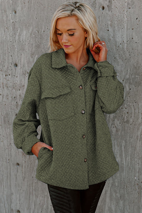 Khaki Retro Quilted Flap Pocket Button Shacket