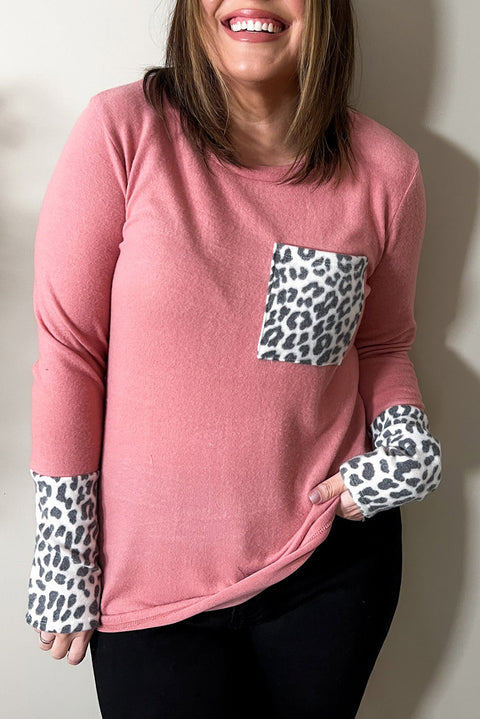 Leopard Cuffs Brushed Plus Size Top