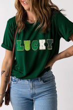 Green LUCKY Glitter Chenille Patched Crew Neck T Shirt