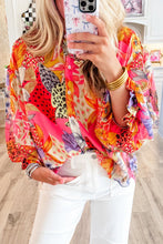 Red Abstract Floral Print Buttoned Ruffled Bubble Sleeve Shirt