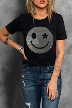 Black Sparkle Rhinestone Smile Face Graphic T Shirt