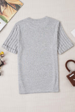 Gray Bow Knot Print Ribbed Knit Sleeve Round Neck Tee