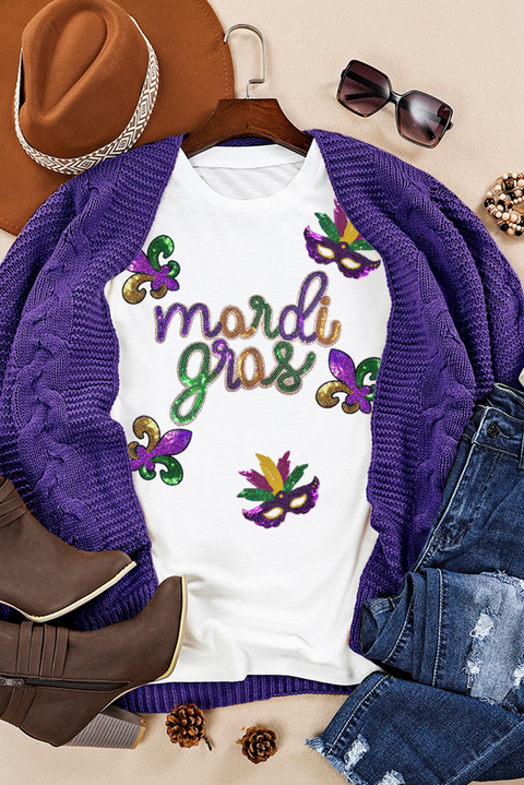 White Sequin Mardi Gras Pattern Graphic Crew Neck Tee