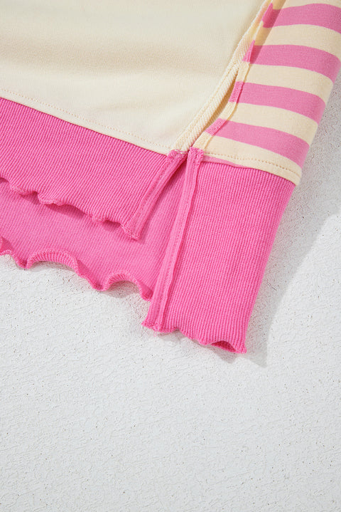 Pink Stripe Colorblock Patchwork Collared French Terry Knit Top