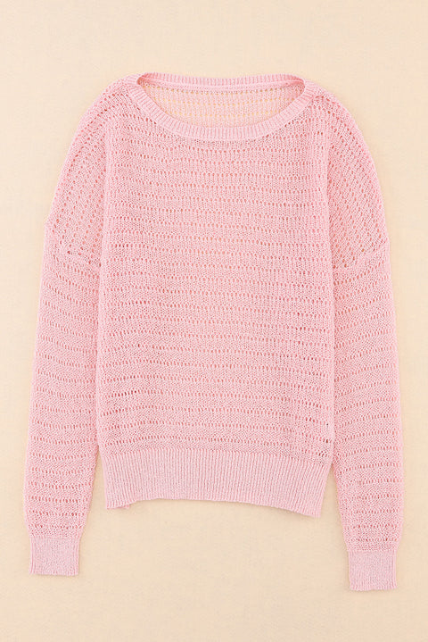 Knitted Eyelets Round Neck Long Sleeve Top