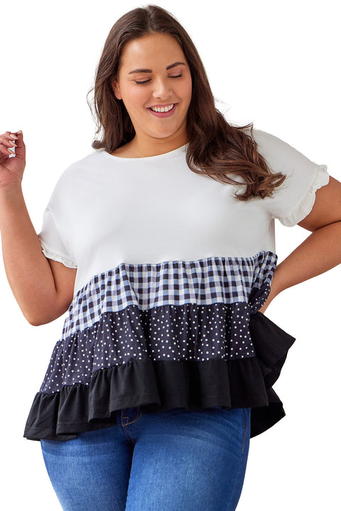 Plaid Dot Ruffled Plus Size Babydoll Top