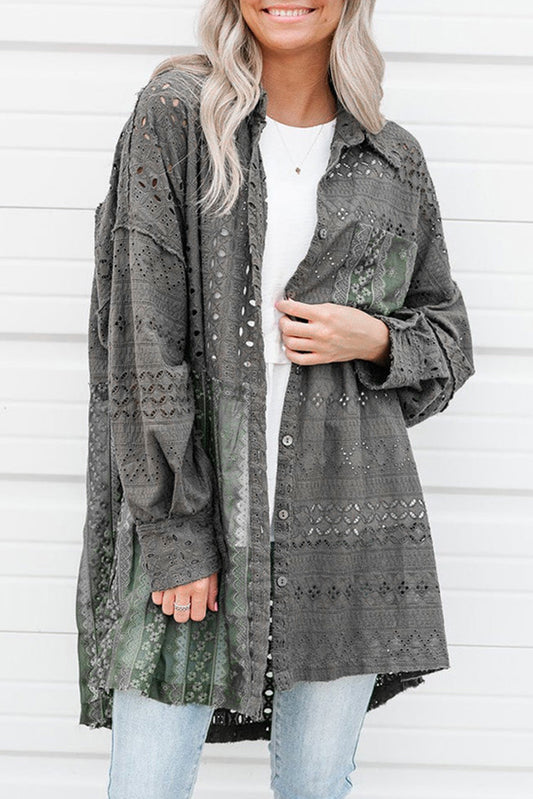 Duffel Green Eyelet Pattern Patchwork Oversized Button Up Shacket