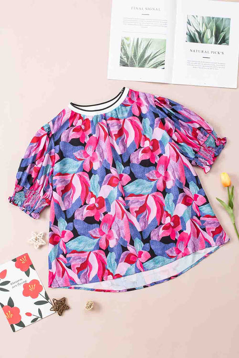 Blusa con estampado floral y mangas abullonadas fruncidas 