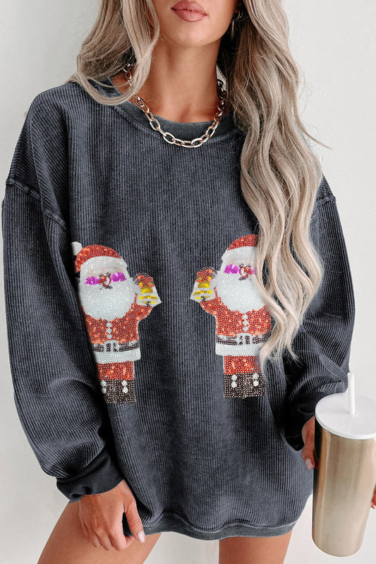 Gray Father Christmas Graphic Corded Crewneck Sweatshirt