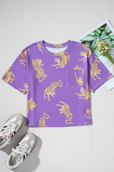 Purple Allover Tiger Printed Patch Pocket Loose T Shirt