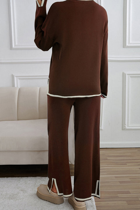 Coffee Contrast Trim Split Cuffs Long 2pcs Sweater Outfit Loungewear