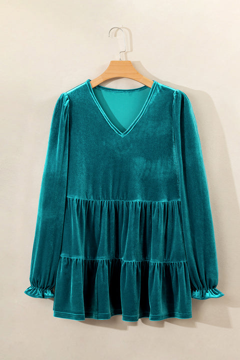 Sea Green Velvet V Neck Peplum Hem Puff Sleeve Blouse