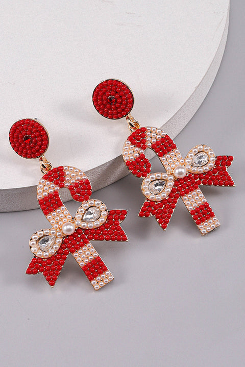 Racing Red Christmas Candy Cane Pearl Beaded Dangle Earrings