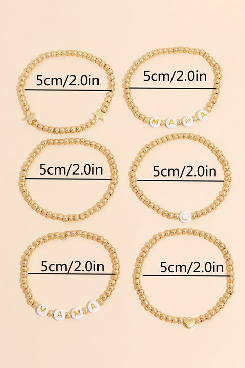 Gold 6Pcs MAMA Heart Star Shape Beaded Bracelet Set