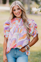 Pink Abstract Print Bubble Sleeve Smock Detail Blouse