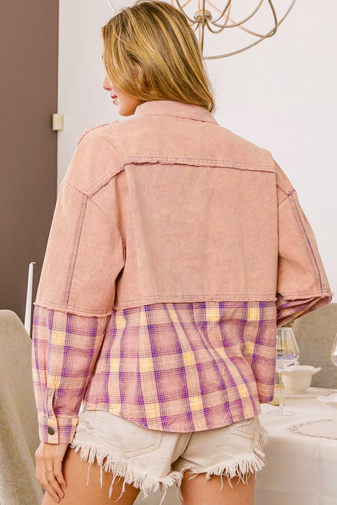 Pink Frayed Patchwork Plaid Contrast Jacket