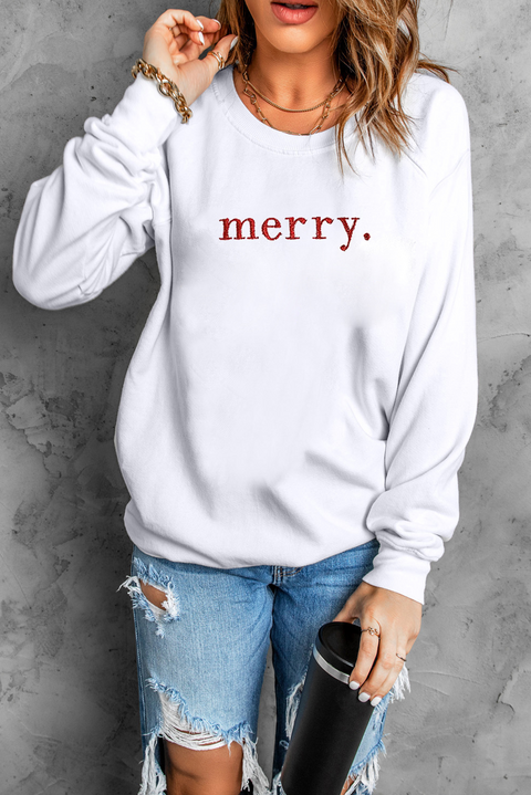 Beige Merry Graphic Embroidered Crew Neck Sweatshirt