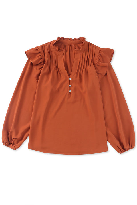 Ruffled Pleated Buttoned V Neck Blouse