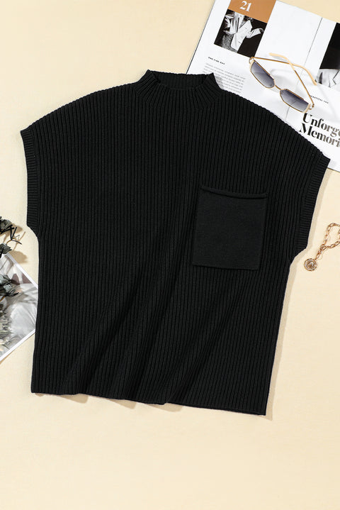 Black Patch Pocket Ribbed Knit Short Sleeve Sweater