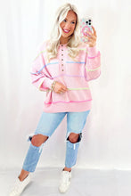 Pink Rainbow Stripes Drop Shoulder Baggy Henley Sweater