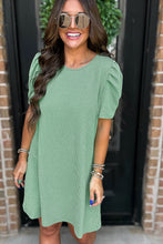 Mint Green Corded Knit Crew Neck Puff Sleeve Shift Mini Dress