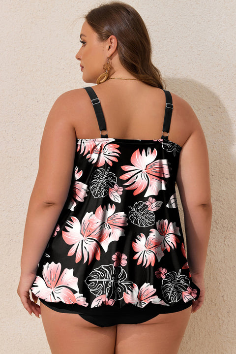 Black 2pcs Plus Size Wide Strap Floral Top Tankini Set