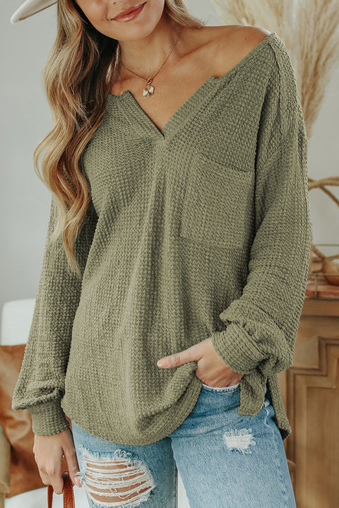 Waffle Knit Split Neck Pocketed Loose Top