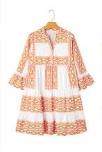 Orange Geometric Print Ruffle Tiered Button V Neck Dress