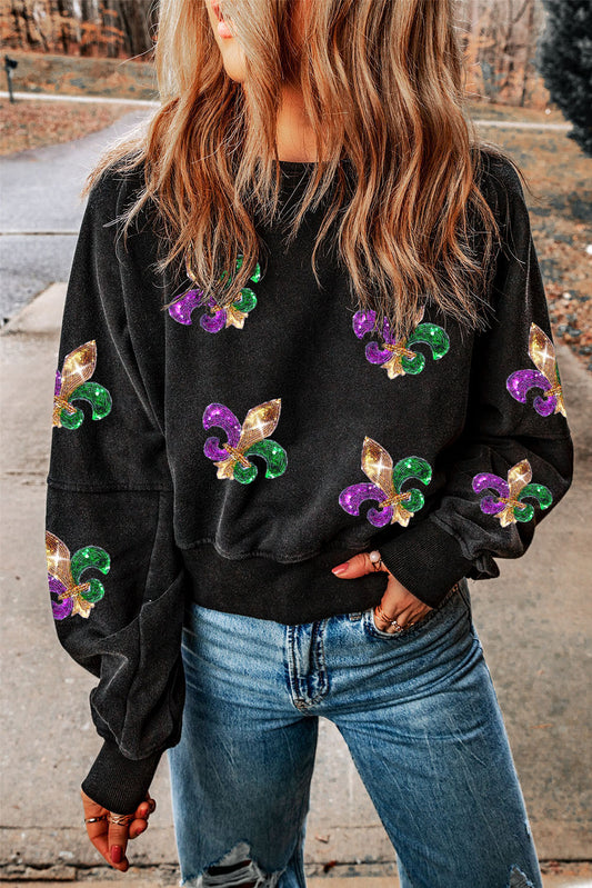 Black Mardi Gras Sequin Fleur De Lis Open Back Sweatshirt