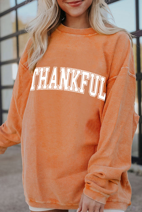 Orange THANKFUL Ribbed Crew Neck Pullover Sweatshirt