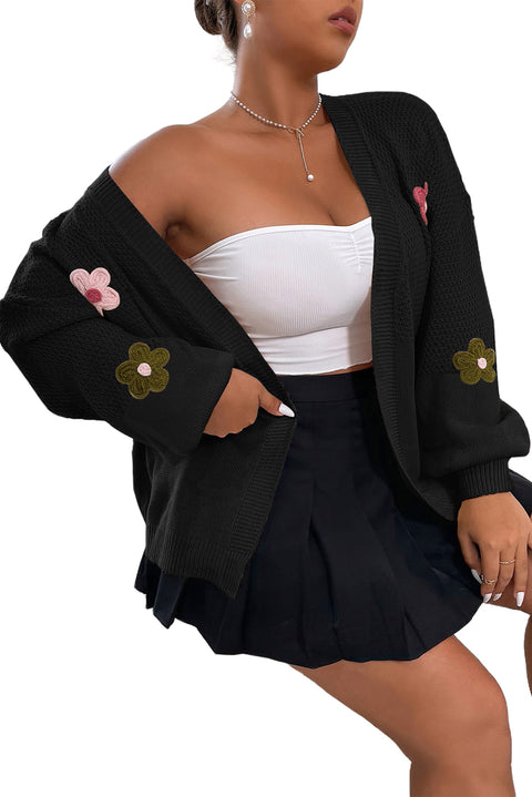 Black Floral Applique Drop Shoulder Bubble Sleeve Cardigan