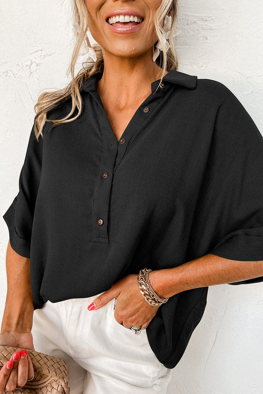 Black Collared Half Buttons Folded Short Sleeve Oversize Top