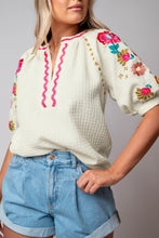 Beige Floral Embroidered Ricrac Puff Sleeve Textured Blouse