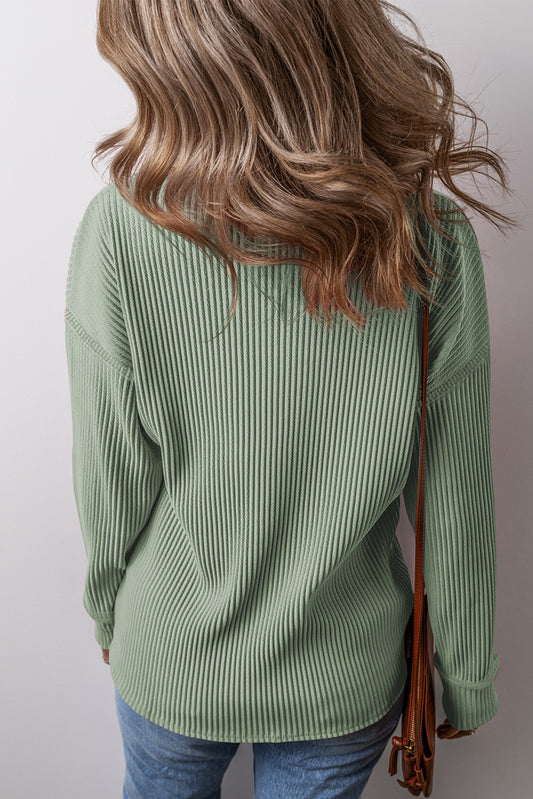 Clearly Aqua Solid Color Corded Drop Shoulder Long Sleeve Top