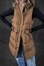 Coffee Windproof Longline Full Zipper Puffer Vest with Pockets