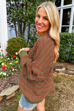 Brown Stripe Trimmed Round Neck Drop Shoulder Loose Sweater